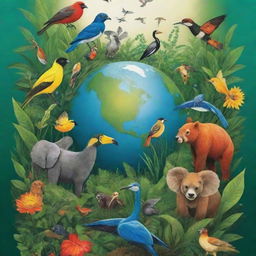 Design a vibrant and powerful poster advertising an awareness campaign for biodiversity conservation. It should prominently feature various animals and plants, emphasizing the importance of ecosystem protection.