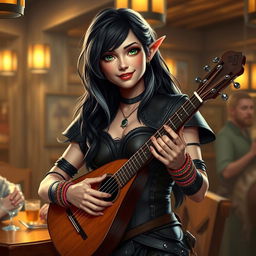 In a warm and inviting tavern setting, a captivating half-elf bard named Adzira stands at about 5'7" tall, mesmerizing her audience