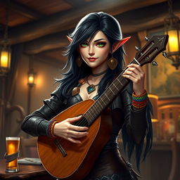 In a warm and inviting tavern setting, a captivating half-elf bard named Adzira stands at about 5'7" tall, mesmerizing her audience