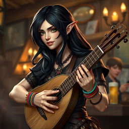 In a warm and inviting tavern setting, a captivating half-elf bard named Adzira stands at about 5'7" tall, mesmerizing her audience