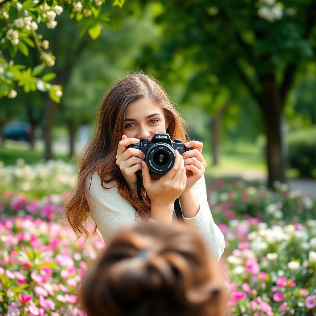 A young woman positioned behind a person she is photographing with her camera, creating a candid shot