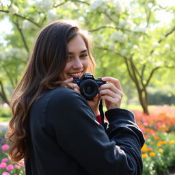 A young woman positioned behind a person she is photographing with her camera, creating a candid shot