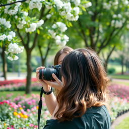 A young woman positioned behind a person she is photographing with her camera, creating a candid shot