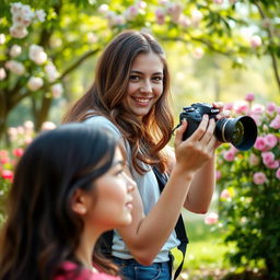 A young woman positioned behind a person she is photographing with her camera, creating a candid shot