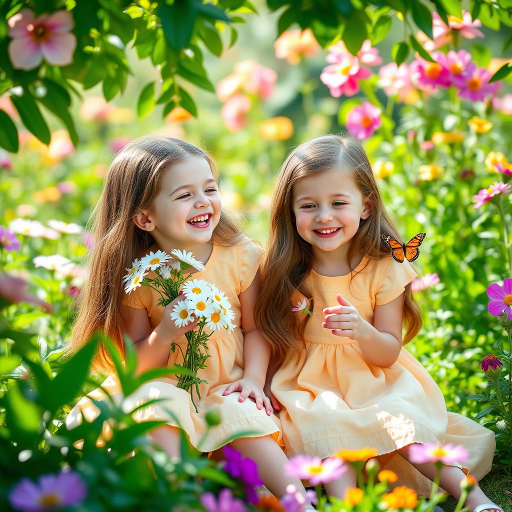 A charming scene featuring identical twins, both girls, around age 8, sitting in a lush garden filled with vibrant flowers and greenery