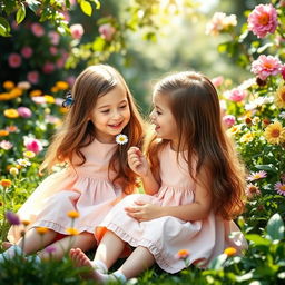 A charming scene featuring identical twins, both girls, around age 8, sitting in a lush garden filled with vibrant flowers and greenery