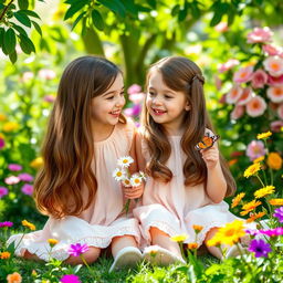 A charming scene featuring identical twins, both girls, around age 8, sitting in a lush garden filled with vibrant flowers and greenery