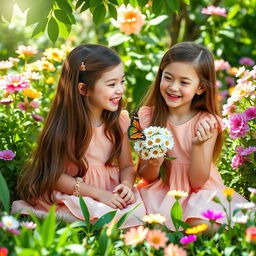 A charming scene featuring identical twins, both girls, around age 8, sitting in a lush garden filled with vibrant flowers and greenery