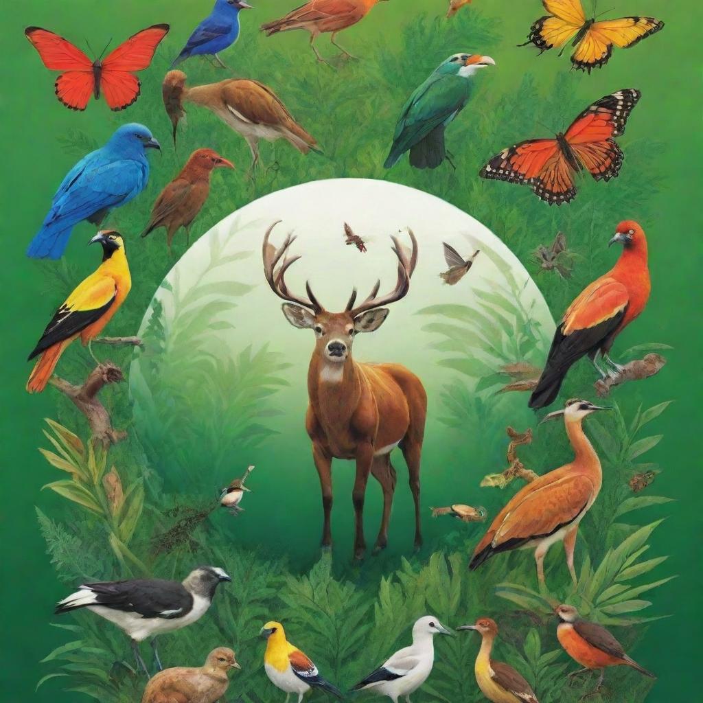 Design a vibrant and powerful poster advertising an awareness campaign for biodiversity conservation. It should prominently feature various animals and plants, emphasizing the importance of ecosystem protection.