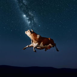 A playful cow gracefully leaping over a radiant full moon against the backdrop of a dark, star-sprinkled sky.