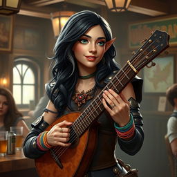 In a lively tavern setting, a captivating half-elf bard named Adzira stands at about 5'7" tall, enchanting her audience