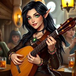 In a lively tavern setting, a captivating half-elf bard named Adzira stands at about 5'7" tall, enchanting her audience