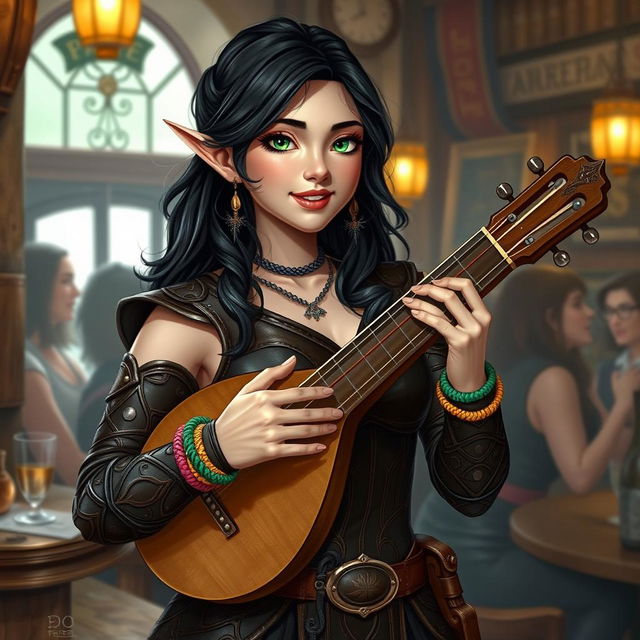 In a lively tavern setting, a captivating half-elf bard named Adzira stands at about 5'7" tall, enchanting her audience