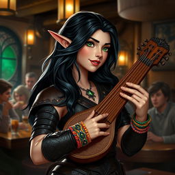 In a lively tavern setting, a captivating half-elf bard named Adzira stands at about 5'7" tall, enchanting her audience