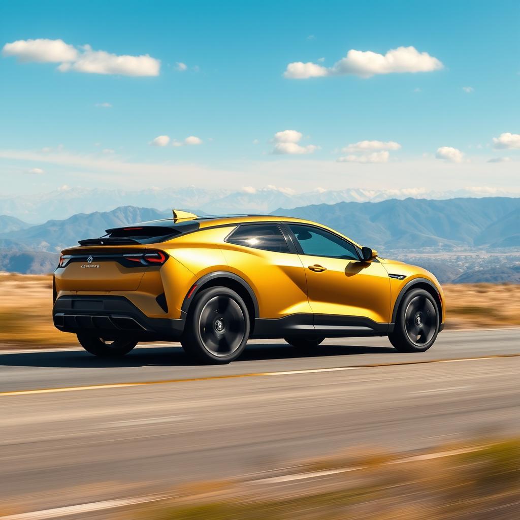 An imaginative fusion of a 2022 Corvette C8 and Citroen C4, styled as a 4-door compact utility vehicle (CUV) with a sleek matte gold exterior