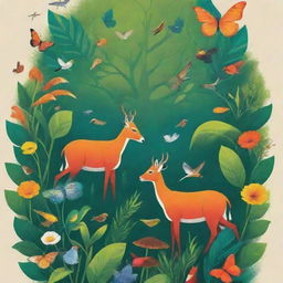 Design a vibrant and powerful poster advertising an awareness campaign for biodiversity conservation. It should prominently feature various animals and plants, emphasizing the importance of ecosystem protection.