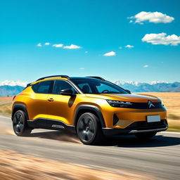 An imaginative fusion of a 2022 Corvette C8 and Citroen C4, styled as a 4-door compact utility vehicle (CUV) with a sleek matte gold exterior