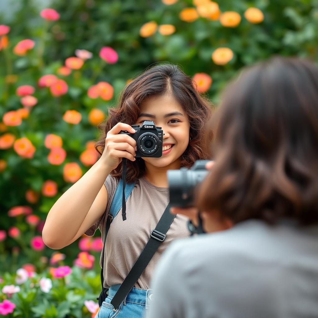 A young woman standing in front of a person she is photographing with her camera, capturing a perfect moment