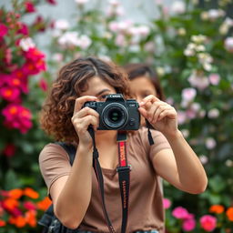 A young woman standing in front of a person she is photographing with her camera, capturing a perfect moment