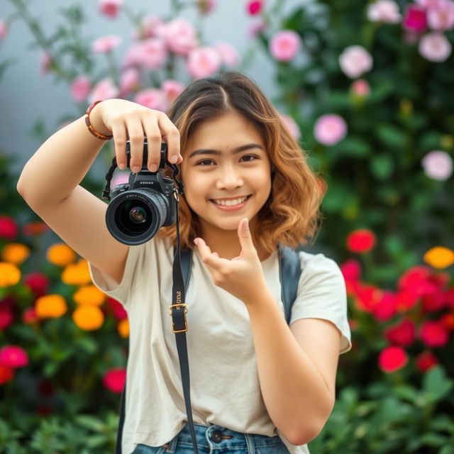 A young woman standing in front of a person she is photographing with her camera, capturing a perfect moment