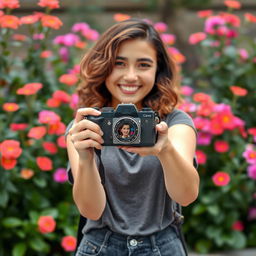 A young woman standing in front of a person she is photographing with her camera, capturing a perfect moment