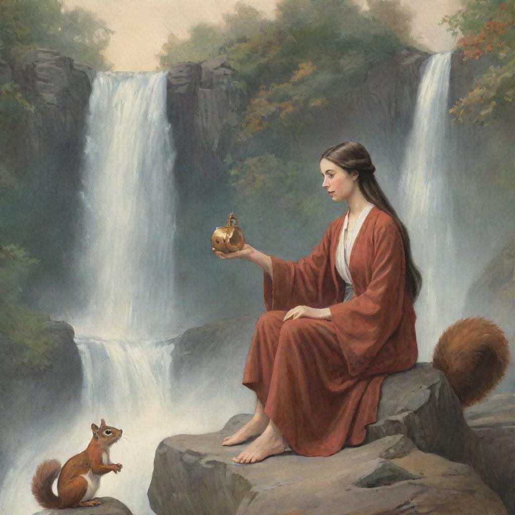 Illustration of a woman seated on a rock, holding a purse, ringing a bell next to a cascading waterfall, with a squirrel and a lamp present.