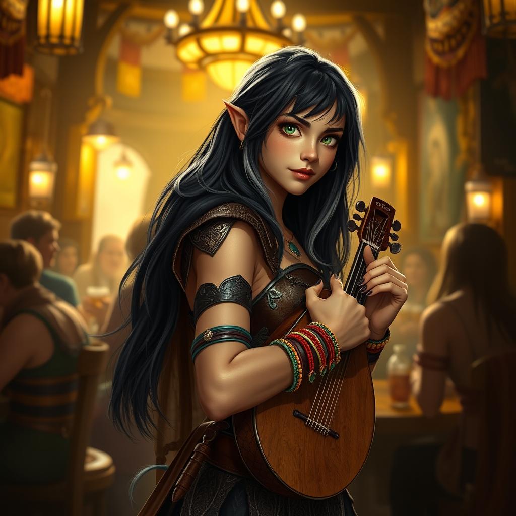 In a bustling tavern illuminated by warm light, a young half-elf bard named Adzira stands at about 5'7", captivating her audience