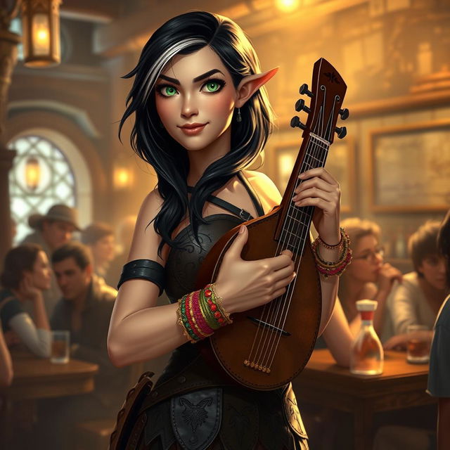 In a bustling tavern illuminated by warm light, a young half-elf bard named Adzira stands at about 5'7", captivating her audience