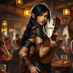 In a bustling tavern illuminated by warm light, a young half-elf bard named Adzira stands at about 5'7", captivating her audience