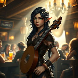 In a bustling tavern illuminated by warm light, a young half-elf bard named Adzira stands at about 5'7", captivating her audience