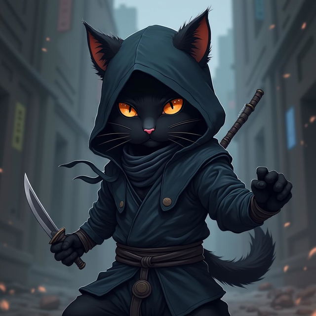 A Solo Leveling stylized anime furry and fuzzy black cat-man ninja, depicted as short yet incredibly badass