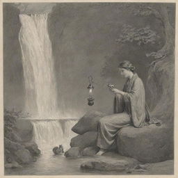 Illustration of a woman seated on a rock, holding a purse, ringing a bell next to a cascading waterfall, with a squirrel and a lamp present.