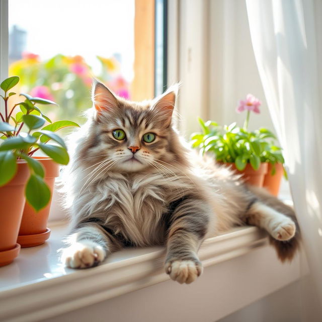 A vibrant and adorable photo of a fluffy domestic cat lounging on a sunny windowsill, surrounded by potted plants and the soft glow of sunlight filtering through sheer curtains