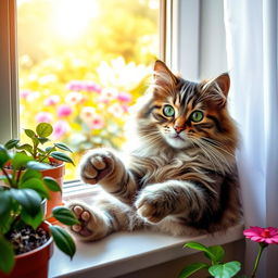A vibrant and adorable photo of a fluffy domestic cat lounging on a sunny windowsill, surrounded by potted plants and the soft glow of sunlight filtering through sheer curtains