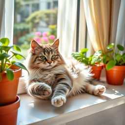 A vibrant and adorable photo of a fluffy domestic cat lounging on a sunny windowsill, surrounded by potted plants and the soft glow of sunlight filtering through sheer curtains