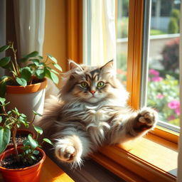 A vibrant and adorable photo of a fluffy domestic cat lounging on a sunny windowsill, surrounded by potted plants and the soft glow of sunlight filtering through sheer curtains