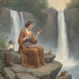 Illustration of a woman seated on a rock, holding a purse, ringing a bell next to a cascading waterfall, with a squirrel and a lamp present.