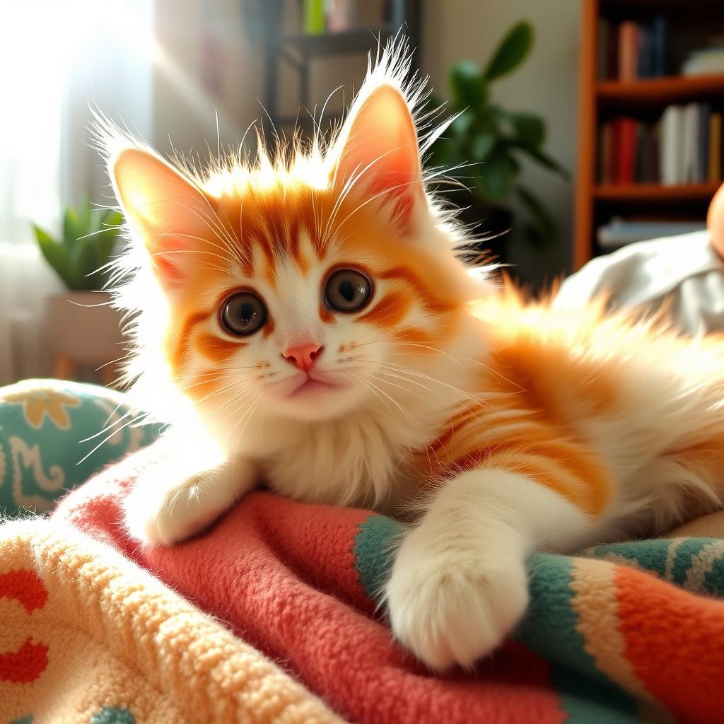 A cute and fluffy cat with big, expressive eyes, lounging on a soft, colorful blanket