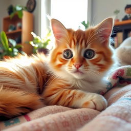 A cute and fluffy cat with big, expressive eyes, lounging on a soft, colorful blanket