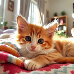 A cute and fluffy cat with big, expressive eyes, lounging on a soft, colorful blanket