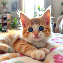 A cute and fluffy cat with big, expressive eyes, lounging on a soft, colorful blanket