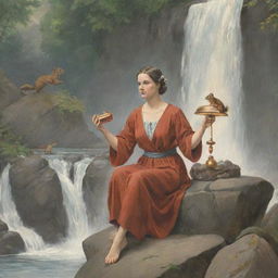 Illustration of a woman seated on a rock, holding a purse, ringing a bell next to a cascading waterfall, with a squirrel and a lamp present.