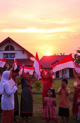 A beautiful sunset scene at Rengasdengklok, depicting the celebration of Indonesian Independence Day