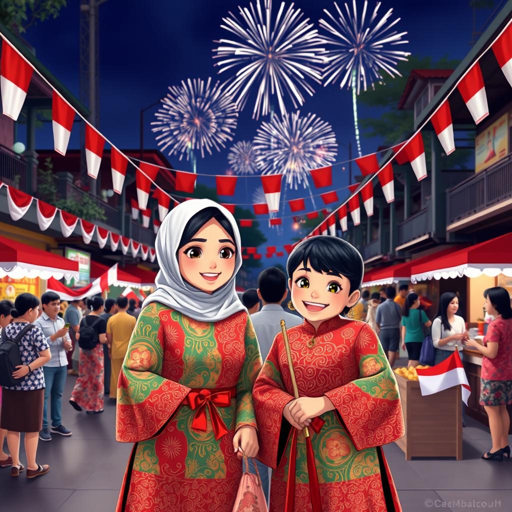 A vibrant and festive scene celebrating Indonesian Independence Day, featuring two characters named Mazaya and Subuh