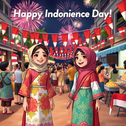 A vibrant and festive scene celebrating Indonesian Independence Day, featuring two characters named Mazaya and Subuh