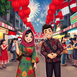 A vibrant and festive scene celebrating Indonesian Independence Day, featuring two characters named Mazaya and Subuh