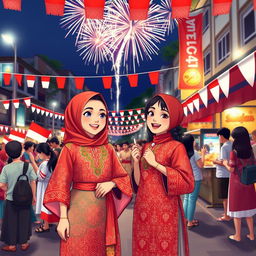 A vibrant and festive scene celebrating Indonesian Independence Day, featuring two characters named Mazaya and Subuh