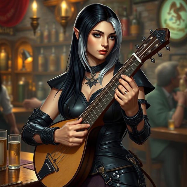 In a vibrant tavern in Phandalin, a stunning half-elf bard stands at 5'7", showcasing her captivating presence