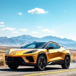 An imaginative fusion of a Corvette C8 and Ssangyong Actyon, styled as a 4-door compact utility vehicle (CUV) featuring a sleek matte gold exterior