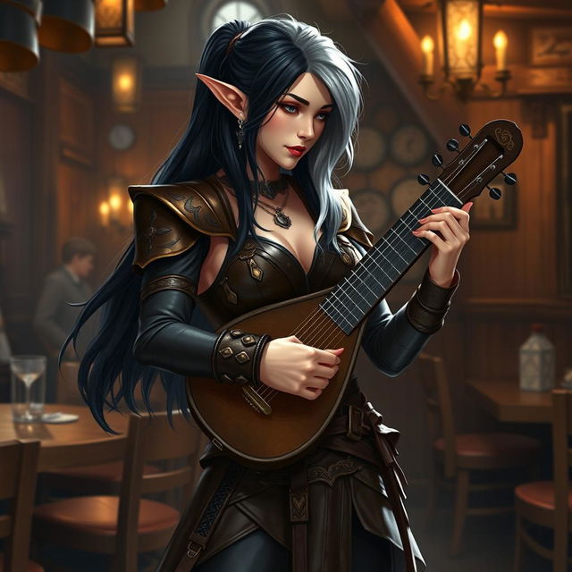 A half-elf bard with striking black hair featuring silver-white highlights, standing confidently at 5'7"